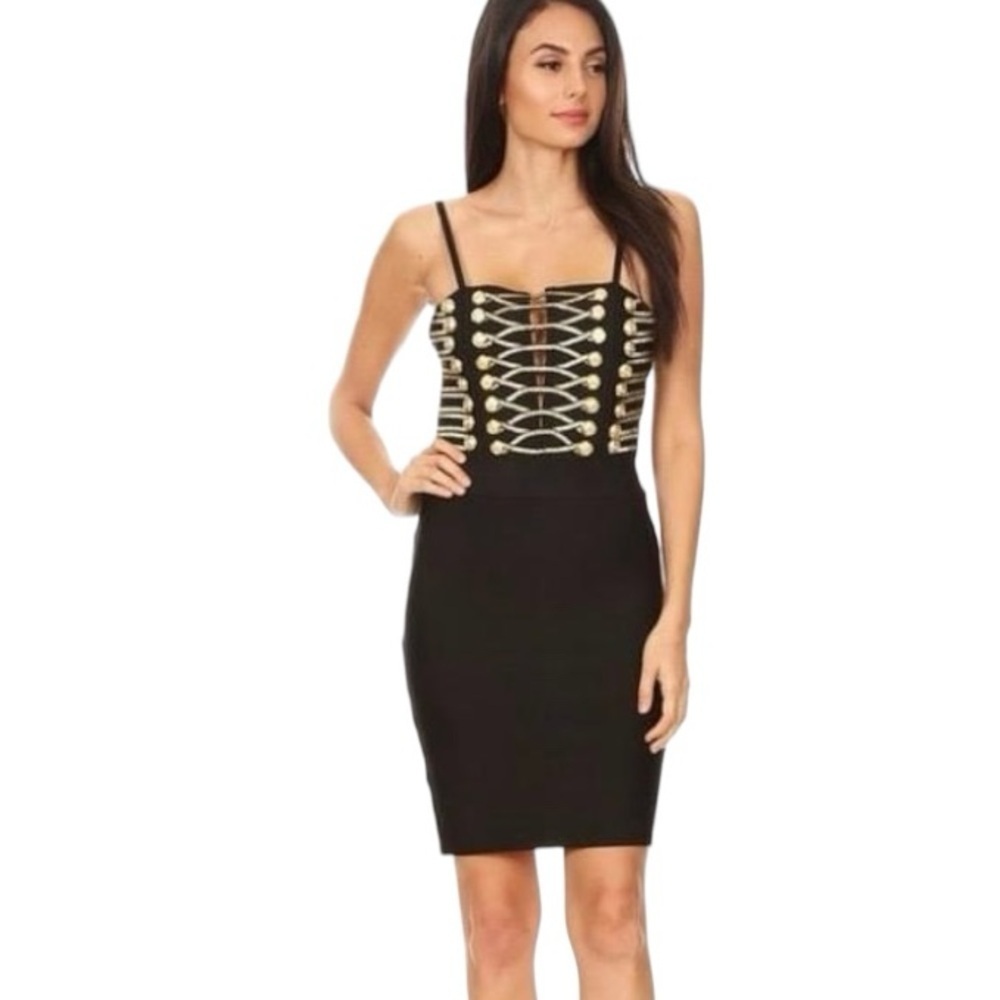 FASHION NOVA Gold Button Black Mini Dress Military Y2K 90’s Size Small S Lace Up